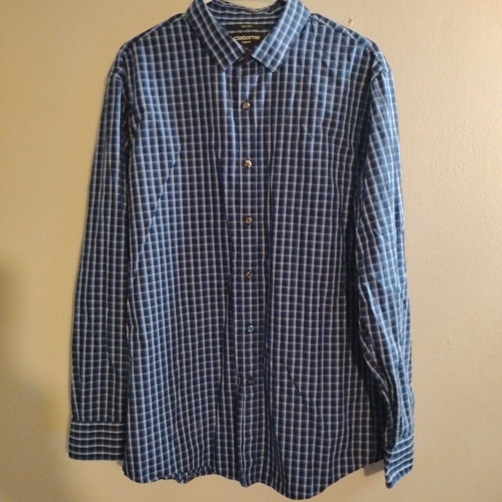 Claiborne Men's Blue Check Cotton Long Sleeve Casual Button-Up Shirt